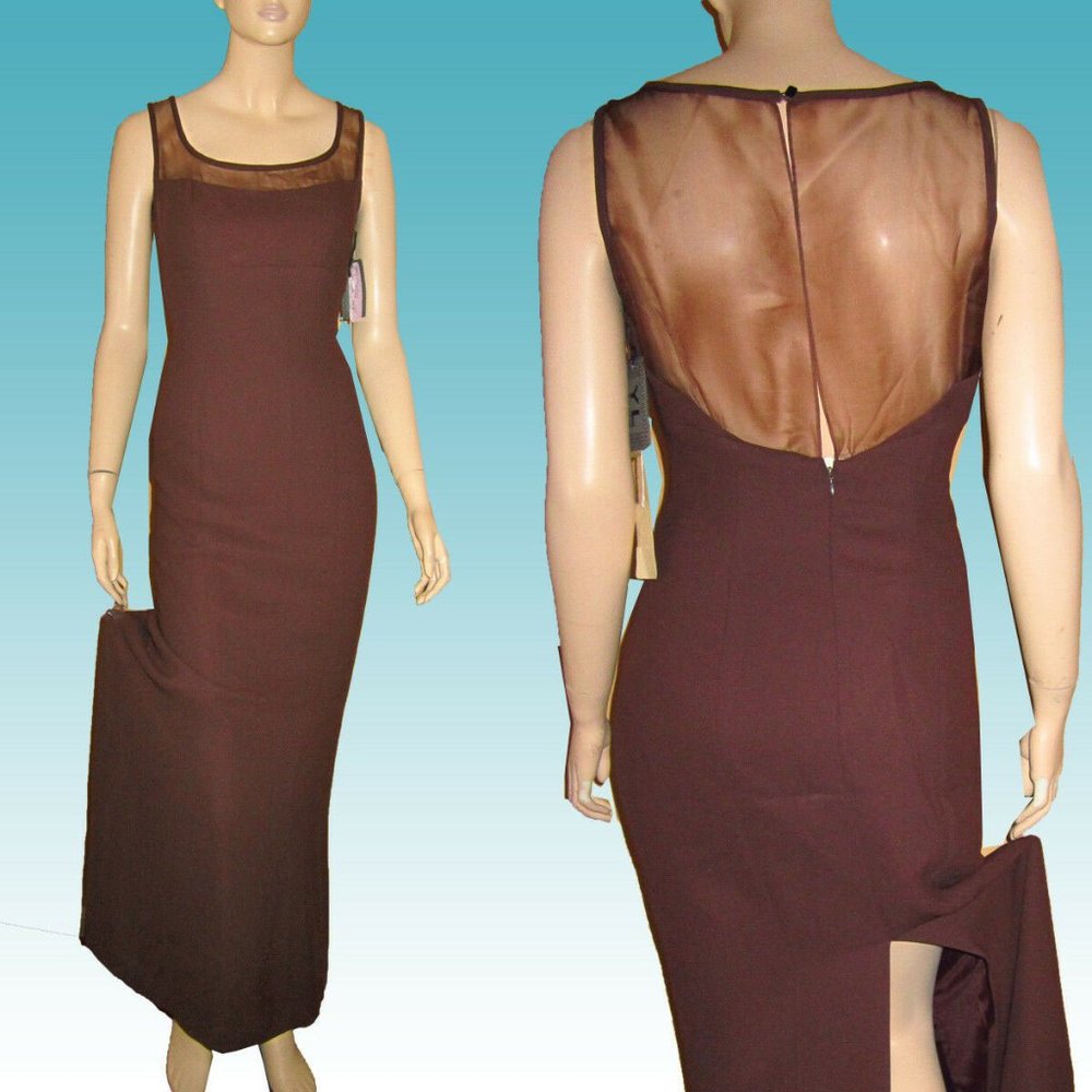 New YL YAIR Dramatic Chocolate Crepe & Net GOWN Maxi Dress